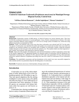 Original Article Control of American Cockroach (Periplaneta Americana) in Municipal Sewage Disposal System, Central Iran Introdu