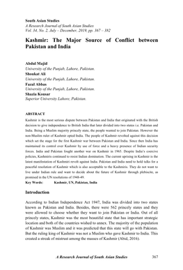 Kashmir: the Major Source of Conflict Between Pakistan and India