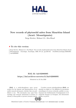 New Records of Phytoseiid Mites from Mauritius Island (Acari: Mesostigmata) Serge Kreiter, Reham I.A