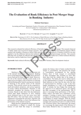 The Evaluation of Bank Efficiency in Post Merger Stage in Banking Industry