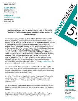 Kathleen Chalfant Stars As Mabel Loomis Todd in the World Premiere of Rebecca Gilman’S a WOMAN of the WORLD at 59E59 Theaters