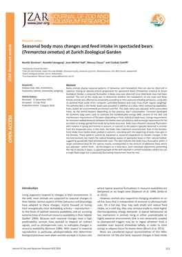 Seasonal Body Mass Changes and Feed Intake in Spectacled Bears