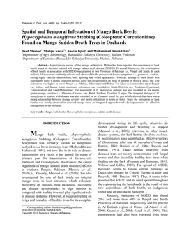 Spatial and Temporal Infestation of Mango Bark Beetle, Hypocryphalus Mangiferae Stebbing (Coleoptera: Curculionidae) Found on Mango Sudden Death Trees in Orchards