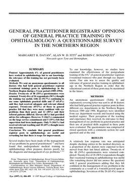 General Practitioner Registrars' Opinions of General Practice Training in Ophthalmology: a Questionnaire Survey in the Northern Region