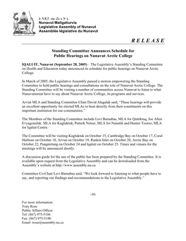 Standing Committee Announces Schedule for Public Hearings on Arctic College