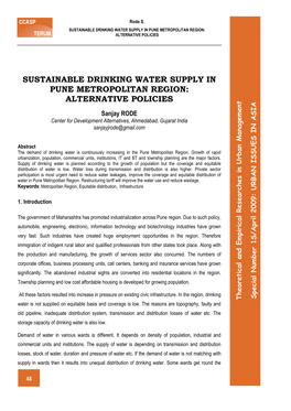 Sustainable Drinking Water Supply in Pune Metropolitan Region: Alternative Policies