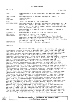 Classroom Notes Plus: a Quarterly of Teaching Ideas, 1999- 2000 INSTITUTION National Council of Teachers of English, Urbana, IL