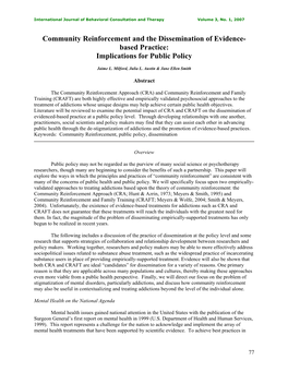 Community Reinforcement and the Dissemination of Evidence- Based Practice: Implications for Public Policy