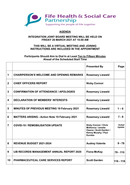 Agenda Integration Joint Board Meeting Will Be Held on Friday 26 March 2021 at 10.00 Am This Will Be a Virtual Meeting and Join