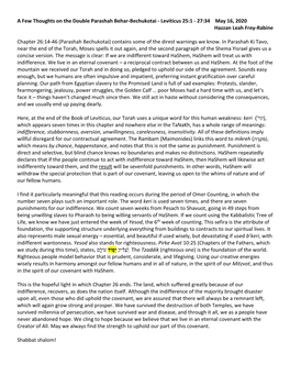 A Few Thoughts on the Double Parashah Behar-Bechukotai - Leviticus 25:1 - 27:34 May 16, 2020 Hazzan Leah Frey-Rabine