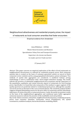 Neighbourhood Attractiveness and Residential Property Prices; the Impact of Restaurants As Local Consumer Amenities That Foster