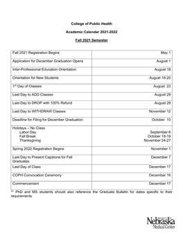 COPH 2021-2022 Academic Calendar