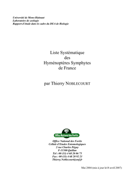 Liste Systématique Des Hyménoptères Symphytes De France