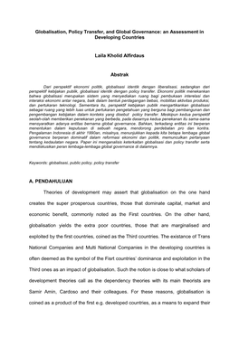 Globalisation, Policy Transfer, and Global Governance: an Assessment in Developing Countries