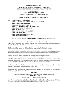 Government of India Ministry of Health and Family Welfare Department of Health and Family Welfare Lok Sabha Unstarred Question No