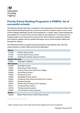 Priority School Building Programme 2 (PSBP2): List of Successful Schools