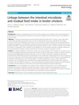 Linkage Between the Intestinal Microbiota and Residual Feed Intake in Broiler Chickens Jing Liu1†, Sydney N