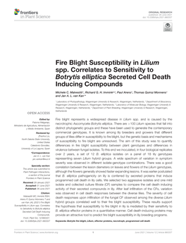 Fire Blight Susceptibility in Lilium Spp. Correlates to Sensitivity to Botrytis Elliptica Secreted Cell Death Inducing Compounds