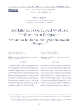 Sevdalinka As Perceived by Music Performers in Belgrade*1 Sevdalinka, Kot Jo Razumejo Glasbeni Izvajalci V Beogradu**2