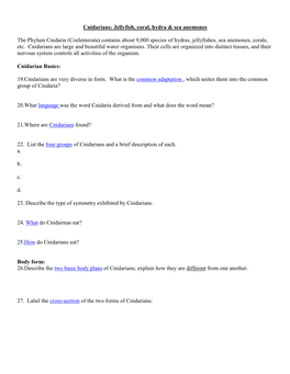 Sponges & Cnidarian Webquest Worksheet