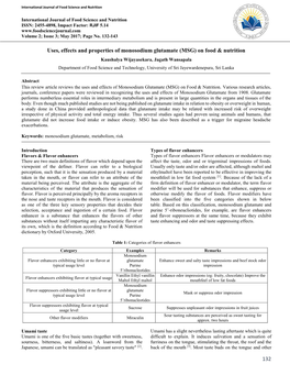 MSG) on Food & Nutrition Kaushalya Wijayasekara, Jagath Wansapala Department of Food Science and Technology, University of Sri Jayewardenepura, Sri Lanka