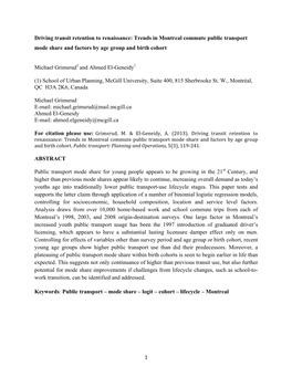 1 Driving Transit Retention to Renaissance: Trends in Montreal