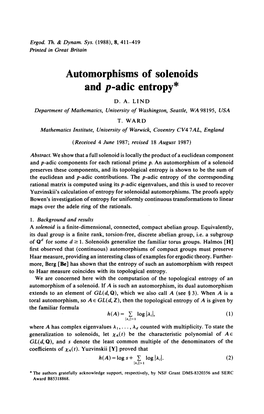 Automorphisms of Solenoids and P-Adic Entropy* D