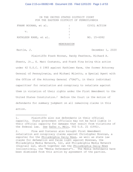 IN the UNITED STATES DISTRICT COURT for the EASTERN DISTRICT of PENNSYLVANIA FRANK NOONAN, Et Al. V. KATHLEEN KANE, Et Al.