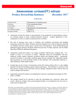 Ammonium Cerium(IV) Nitrate Product Stewardship Summary December 2017