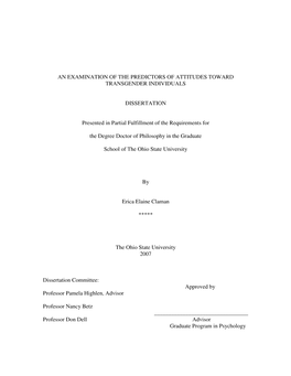 AN EXAMINATION of the PREDICTORS of ATTITUDES TOWARD TRANSGENDER INDIVIDUALS DISSERTATION Presented in Partial Fulfillment of Th