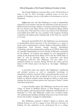 Official Biography of Shri Pranab Mukherjee President of India Shri