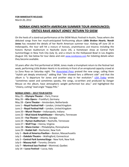 Norah Jones North American Summer Tour Announced; Critics Rave About Jones’ Return to Sxsw