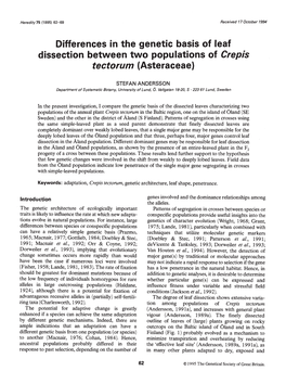 Dissection Between Two Populations of Crepis Tectorum (Asteraceae)