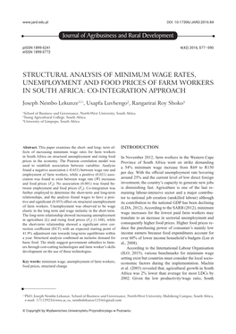 Structural Analysis of Minimum Wage Rates, Unemployment and Food Prices of Farm Workers in South Africa: Co-Integration Approach