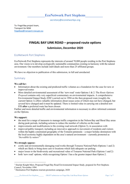 FINGAL BAY LINK ROAD – Proposed Route Options Submission, December 2020