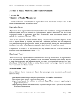 Module 6 Social Protests and Social Movements Lecture 31 Theories of Social Movements