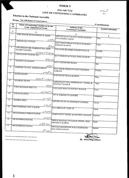 Constituency FORM V [See Rule 7(I)] LIST of CONTESTING CANDIDATES Election to the National Assembly From