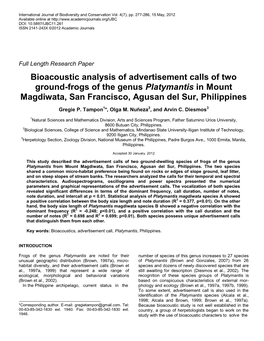 Bioacoustic Analysis of Advertisement Calls of Two Ground-Frogs of the Genus Platymantis in Mount Magdiwata, San Francisco, Agusan Del Sur, Philippines