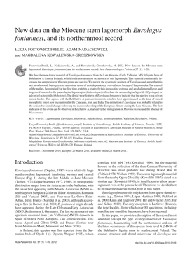 New Data on the Miocene Stem Lagomorph Eurolagus Fontannesi, and Its Northernmost Record