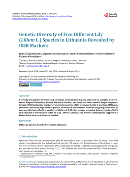 Genetic Diversity of Five Different Lily (Lilium L.) Species in Lithuania Revealed by ISSR Markers