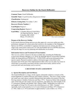 Recovery Outline for the Ozark Hellbender