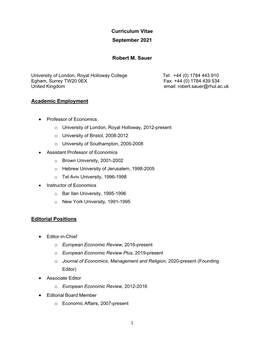 1 Curriculum Vitae June 2021 Robert M. Sauer Academic Employment