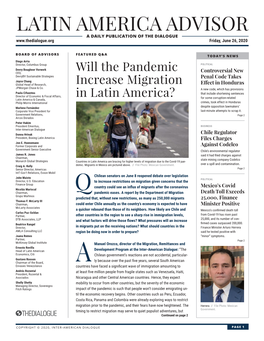 LATIN AMERICA ADVISOR a DAILY PUBLICATION of the DIALOGUE Friday, June 26, 2020