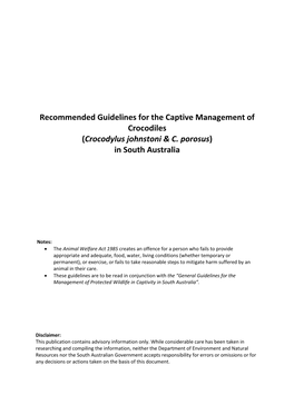 Recommended Guidelines for the Captive Management of Crocodiles (Crocodylus Johnstoni & C