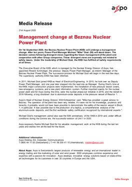 Media Release Management Change at Beznau Nuclear Power Plant