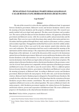 Pengaturan Tanah Baluwarti Sebagai Kawasan Cagar Budaya Yang Berbasis Budaya Hukum Jawa*
