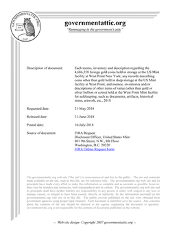 Each Memo, Inventory and Description Regarding the 4,686,358 Foreign Gold Coins Held in Storage at the US Mint Facility at West