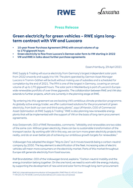 RWE Signs Long- Term Contract with VW and Luxcara