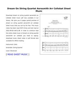 Dream on String Quartet Aerosmith Arr Cellobat Sheet Music