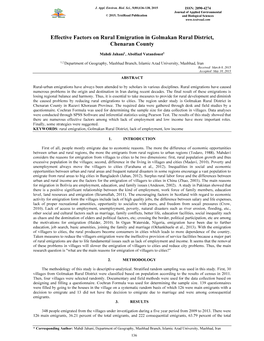 Effective Factors on Rural Emigration in Golmakan Rural District, Chenaran County